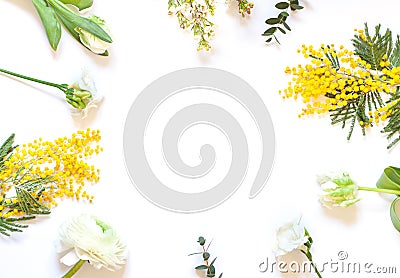 Floral spring frame on the white background. Top view. Stock Photo