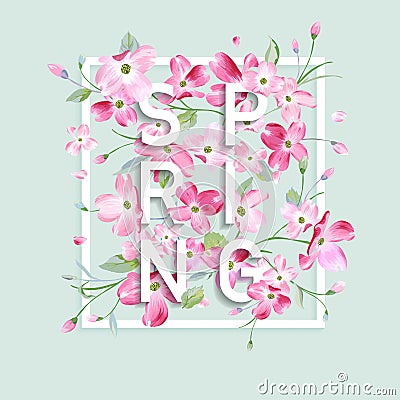 Floral Spring Graphic Design with Cherry Blossom Flowers for T-shirt, Fashion Prints Vector Illustration