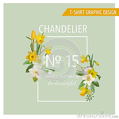 Floral Spring Graphic Design - with Narcissus Flowers Vector Illustration