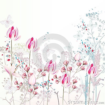 Floral spring illustration with pink tulip flowers, plants and butterflies Vector Illustration