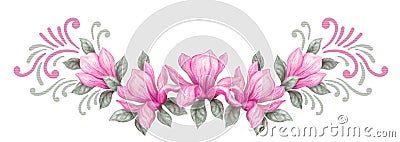 Floral spring magnolia ornament. Hand drawn painting watercolor pencils and paints pink magnolia flowers Vector Illustration