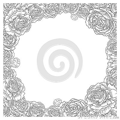 Floral square frame. Elegant flowers, roses, peonies vector. Decorative wedding card background template. graphic illustration Cartoon Illustration