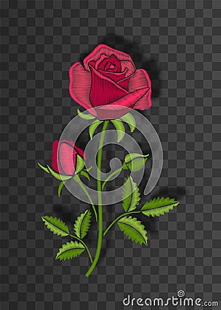 Floral stitched ornament with stitch rose. Embroidery flower on transparent background with shadow. Vector Illustration