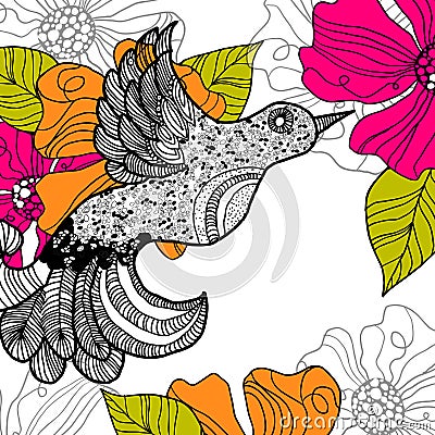 Floral summer background. Bird Vector Illustration