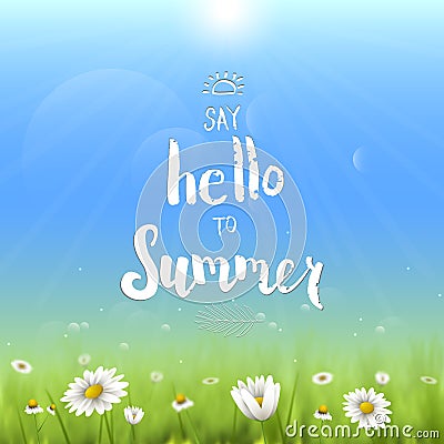 Floral summer background with chamomiles. Say hello to summer handwritten illustration. Vector Illustration