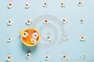 Floral summer background. A mug flowered chamomile tea on a blue background with spread flowers. The concept summer mood Stock Photo