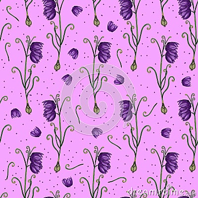 Floral summer pattern. Bright pink pattern. Hazel grouse Russian flower. Blue bells plant Vector Illustration
