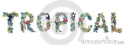 Floral summer pattern hand drawn ornamental text TROPICAL Stock Photo