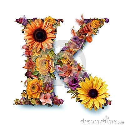 Floral and Sunflower Colorful Photorealistic Letter k,Ai generative Stock Photo