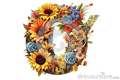 Floral and Sunflower Colorful Photorealistic Letter O ,Ai generative Stock Photo