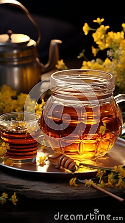 Floral tea in cup, honey jar, teapot surrounded by herbs relaxing nature ensemble Stock Photo