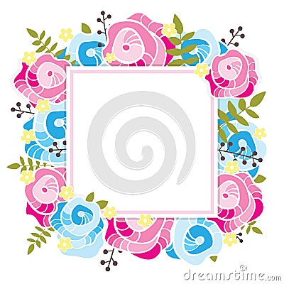 Floral template. Square frame with abstract pink and blue roses, yellow flowers and greenery. Stock Photo