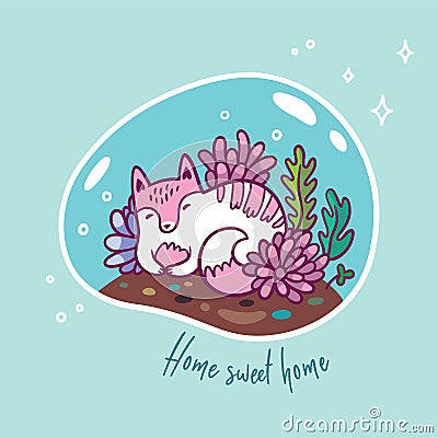 Floral terrarium with cute kawaii cat. Vector print. Sweet home Vector Illustration