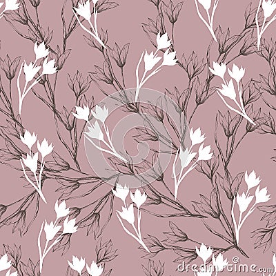 Floral texture for fabric. Seamless ornament of flowers and leaves on a red background. Vintage texture for decorating fabric, Vector Illustration