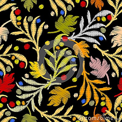 Floral textured embroidery Baroque vector seamless pattern. Leaf Vector Illustration