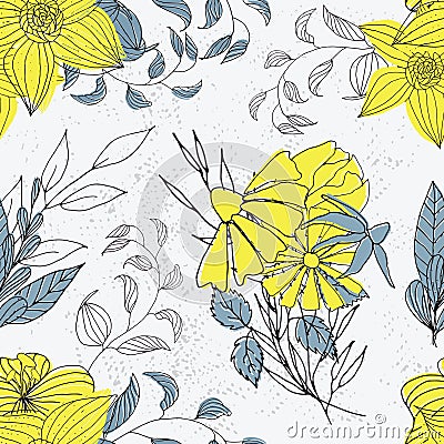 Floral textured seamless pattern. Hand drawn vintage flowers and leaves. Vector Illustration