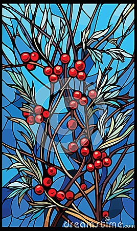 Floral theme vector in stained glass style with branches with berries and leaves on a blue sky background Vector Illustration