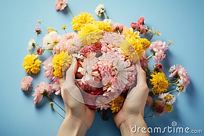 Floral touch hands delicately holding bright flowers on pastel blue Stock Photo