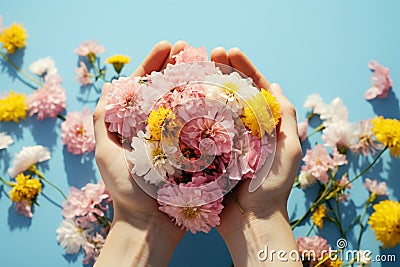 Floral touch hands delicately holding bright flowers on pastel blue Stock Photo