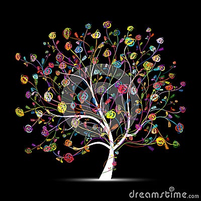 Floral tree colorful on black for your design Vector Illustration