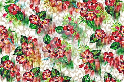 Floral tropical background on a leopard skin flowers hibiscus. Stock Photo