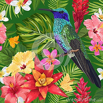 Floral Tropical Seamless Pattern with Exotic Flowers and Humming Bird. Blooming Flowers, Birds, Palm Leaves Background Vector Illustration