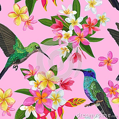 Floral Tropical Seamless Pattern with Exotic Flowers and Humming Bird. Blooming Flowers, Birds, Palm Leaves Background Vector Illustration