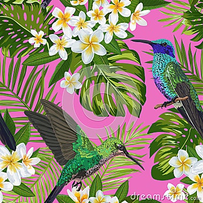 Floral Tropical Seamless Pattern with Exotic Flowers and Humming Bird. Blooming Flowers, Birds, Palm Leaves Background Vector Illustration