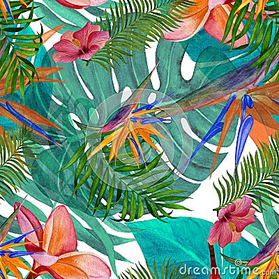 Floral tropical seamless pattern for wallpaper or fabric. Handmade watercolour painting. Stock Photo