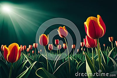 Floral tulip bunch for spring. a field of orange tulips flowers wallpaper background. elegant pretty flowers art Stock Photo