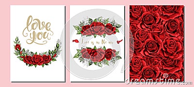 Wedding floral invite, invtation card design. Scarlet red rose flowers set Vector Illustration