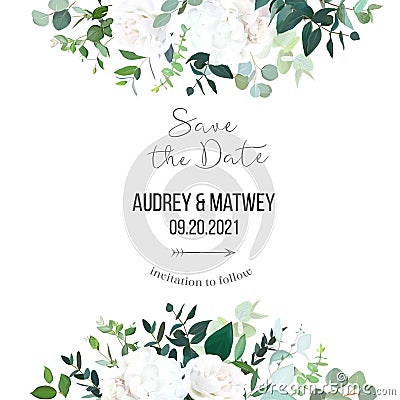 Floral vector banner frame with white rose, hydrangea, eucalyptus, emerald and mint greenery Vector Illustration