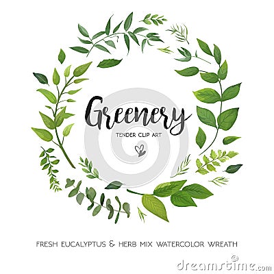 Floral vector card Design with green Eucalyptus fern leaves elegant greenery, herbs forest round, circle wreath beautiful cute ru Vector Illustration
