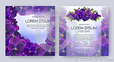 Floral vector card set with flowers of realistic purple viola on blue background. Romantic 3d templates for wedding invitation Vector Illustration