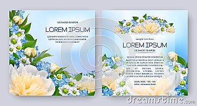 Floral vector card set with flowers of realistic white peony, bud, blue forget-me-not. Romantic 3d templates Vector Illustration