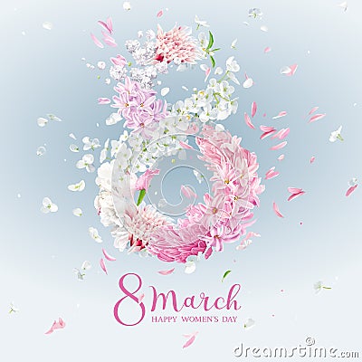 Floral vector greeting card for 8 March in watercolor style with lettering design Vector Illustration
