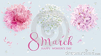 Floral vector greeting card for 8 March in watercolor style with lettering design Vector Illustration