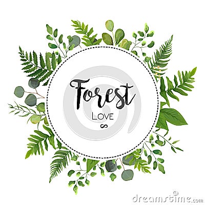 Floral vector invite card Design with green Eucalyptus fern leaves elegant greenery berry forest round circle wreath beautiful c Vector Illustration