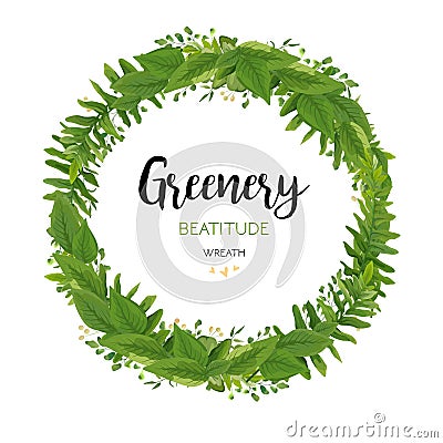 Floral vector invite card with green Eucalyptus fern leaves, elegant greenery, berry forest circle, round wreath garland frame pr Vector Illustration