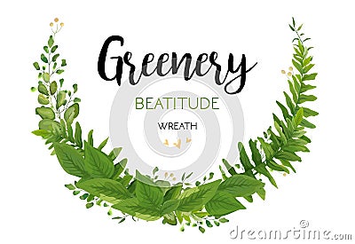 Floral vector invite card with green Eucalyptus fern leaves elegant greenery, berry forest half round wreath border print. Vector Illustration