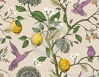 Floral vector seamless pattern. Botanical wallpaper. Plants, birds flowers backdrop. Drawn nature vintage wallpaper Vector Illustration