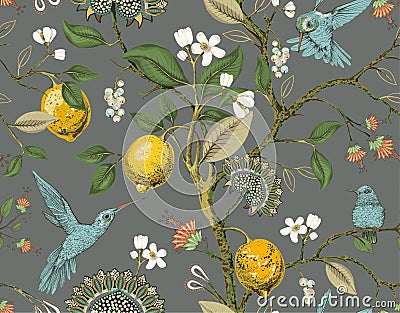 Floral vector seamless pattern. Botanical wallpaper. Plants, birds flowers backdrop. Drawn nature vintage wallpaper Vector Illustration