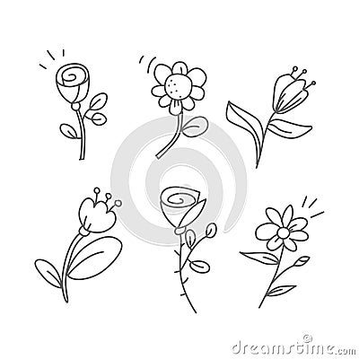 Floral vector set. Collection of doodle flowers . Hand drawn isolated elements on white Vector Illustration