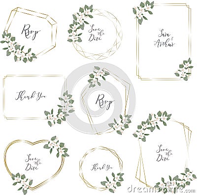 Floral Vector Set. White magnolia, sakura, branches with flowers and leaves. Different gold frames Vector Illustration