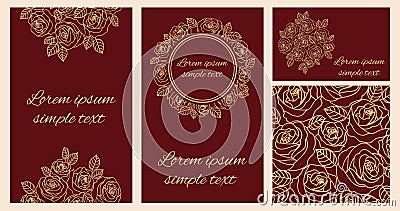 Beige outline roses cards template, copy space Vector Illustration