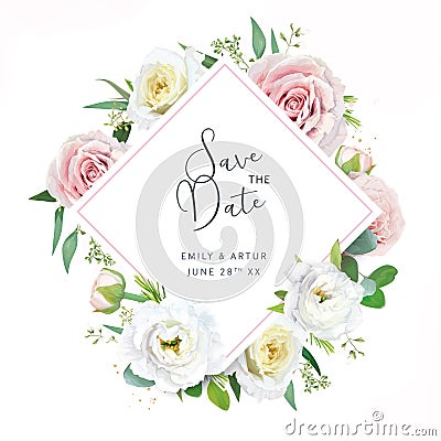 Floral, vector wedding invite save the date card. Watercolor pink, light, yellow garden rose flowers, lisanthus, seeded eucalyptus Vector Illustration