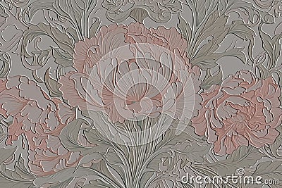 Floral very elaborate art nouveau style 3d peonies pattern. Vector embossed vintage background. Repeat emboss plants backdrop. Vector Illustration