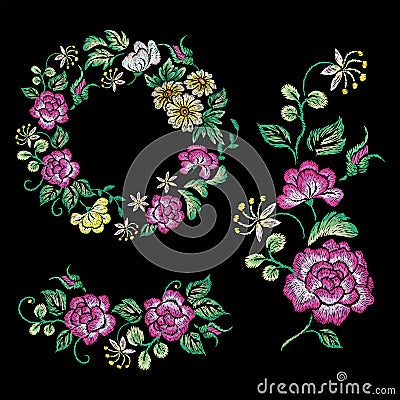 Floral vintage embroidery. Oriental flowers, rose peony embroidered ornaments. Garden romantic fashion decoration Vector Illustration