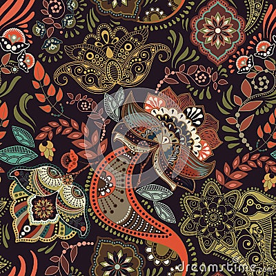 Floral vintage seamless pattern. Retro plants style. Paisley motif. Colorful damask ornament Vector Illustration