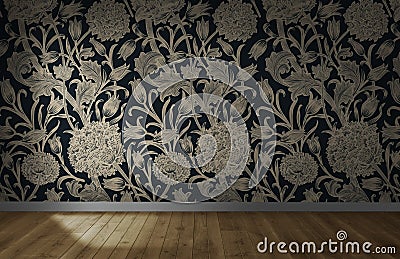 Floral wallpaper in an empty room with wooden floor Stock Photo